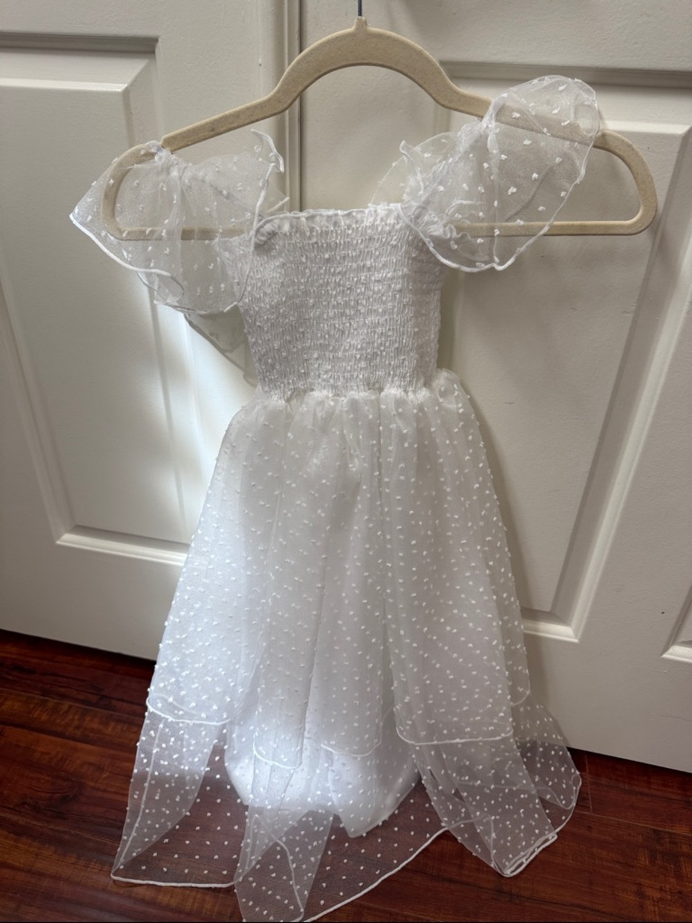 White Swiss Dot Formal Dress for Girls with Puff Sleeves